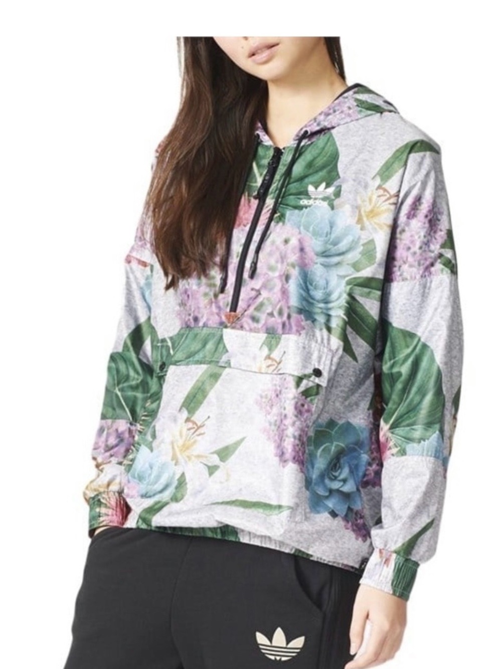 Adidas Gray Hoodie with Green and Purple Floral Design SIZE SMALL - Picture 3 of 16